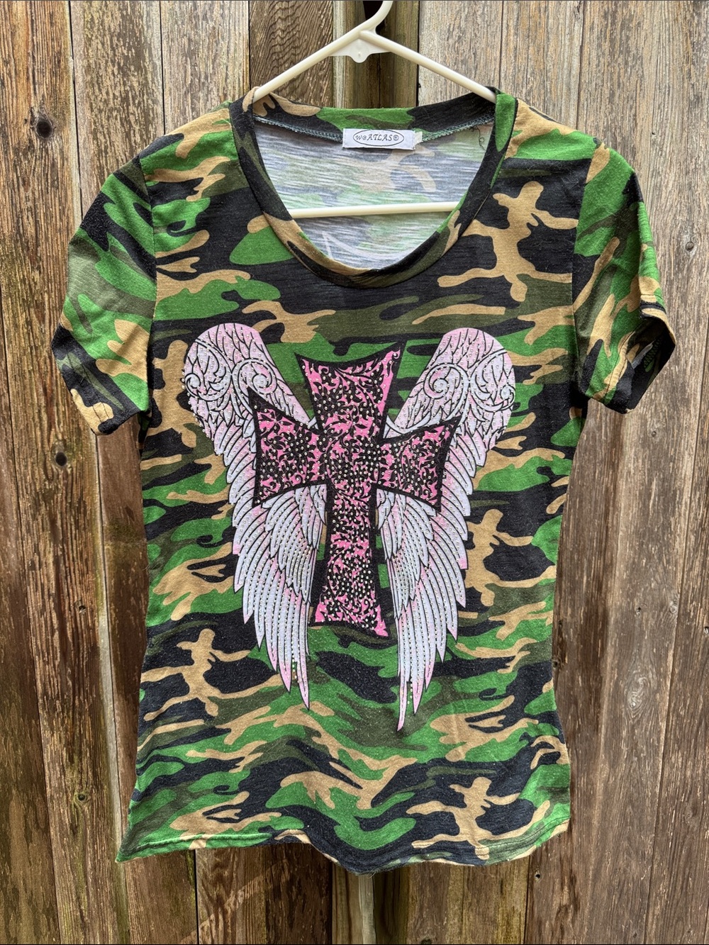 Camo Short Sleeve Tee with Pink Cross & Wings -